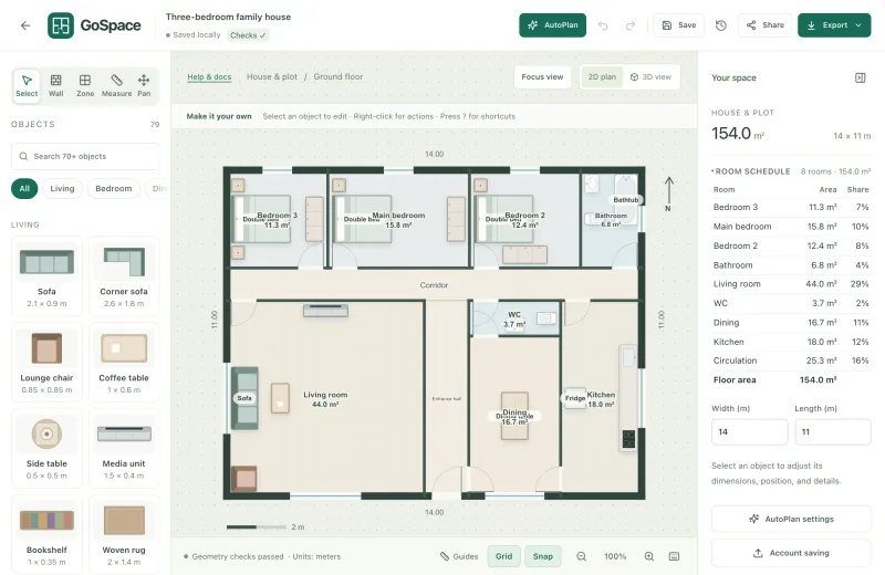GoSpacePlan editor showing a generated three-bedroom house plan with furniture, dimensions and a room schedule
